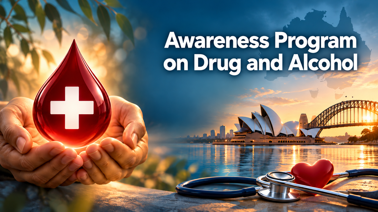 AMAF blood-drop medical symbol with helping hands and Australian landmarks